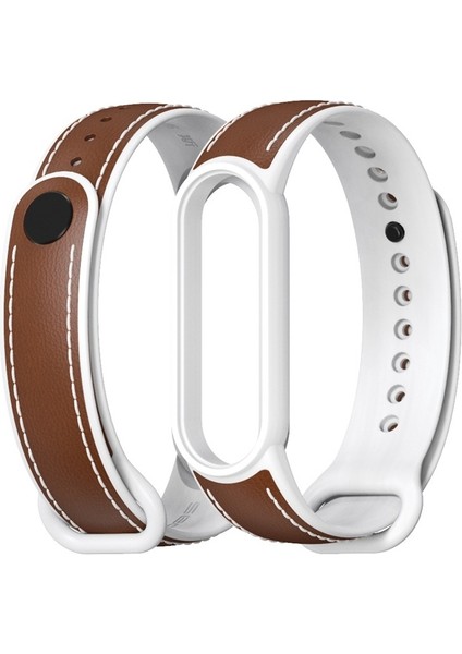 Xiaomi Mi Band 5 / 6 Için Tpu + Deri Kordonlu Saat Kahverengi + Beyaz (Yurt Dışından)