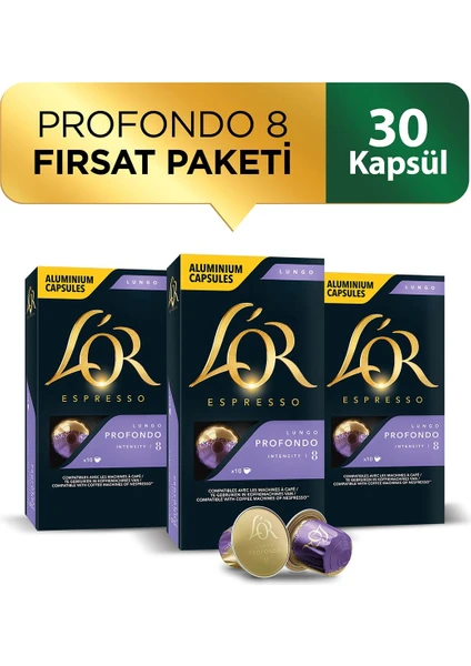 L'OR Lungo Profondo Intensity 8 Nespresso Uyumlu Alüminyum Kapsül Kahve Fırsat Paketi 10 Adet x 3 Paket