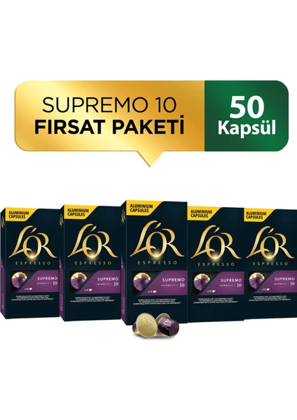 L'OR Supremo Intensity 10 Nespresso Uyumlu Kapsül Kahve Fırsat Paketi 10 Adet x 5 Paket