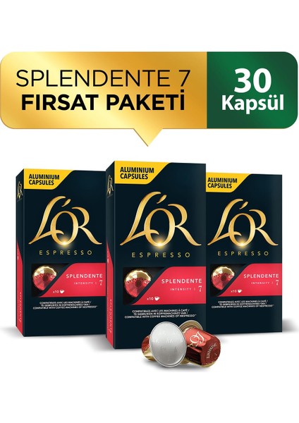 L'OR Splendente Intensity 7 Nespresso Uyumlu Alüminyum Kapsül Kahve Fırsat Paketi 10 Adet x 3 Paket