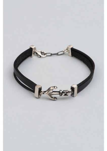 Çapa Figürlü Deri Erkek Gümüş Bileklik 20 cm