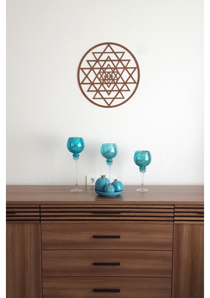 Ahşap Sri Yantra Ahşap Desenli Ceviz Tablo Duvar Süsü Dekorasyon