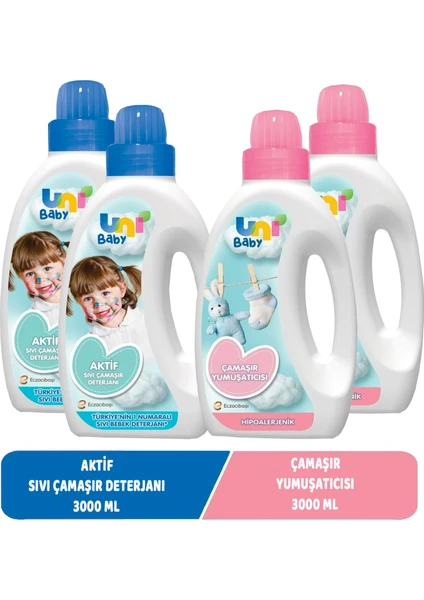 Uni Baby Sıvı Çamaşır Deterjanı 1500ML Aktif+Yumuşatıcı 1500ML Hassas/hipoalerjenik Karma -4 Lü Set