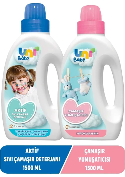 Uni Baby Sıvı Çamaşır Deterjanı 1500ML Aktif+Yumuşatıcı 1500ML Hassas/hipoalerjenik Karma -2 Li Set