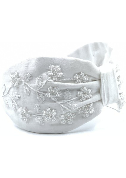 Gelin Çiçeği Taş ve Boncuk Işlemeli Beyaz Taç