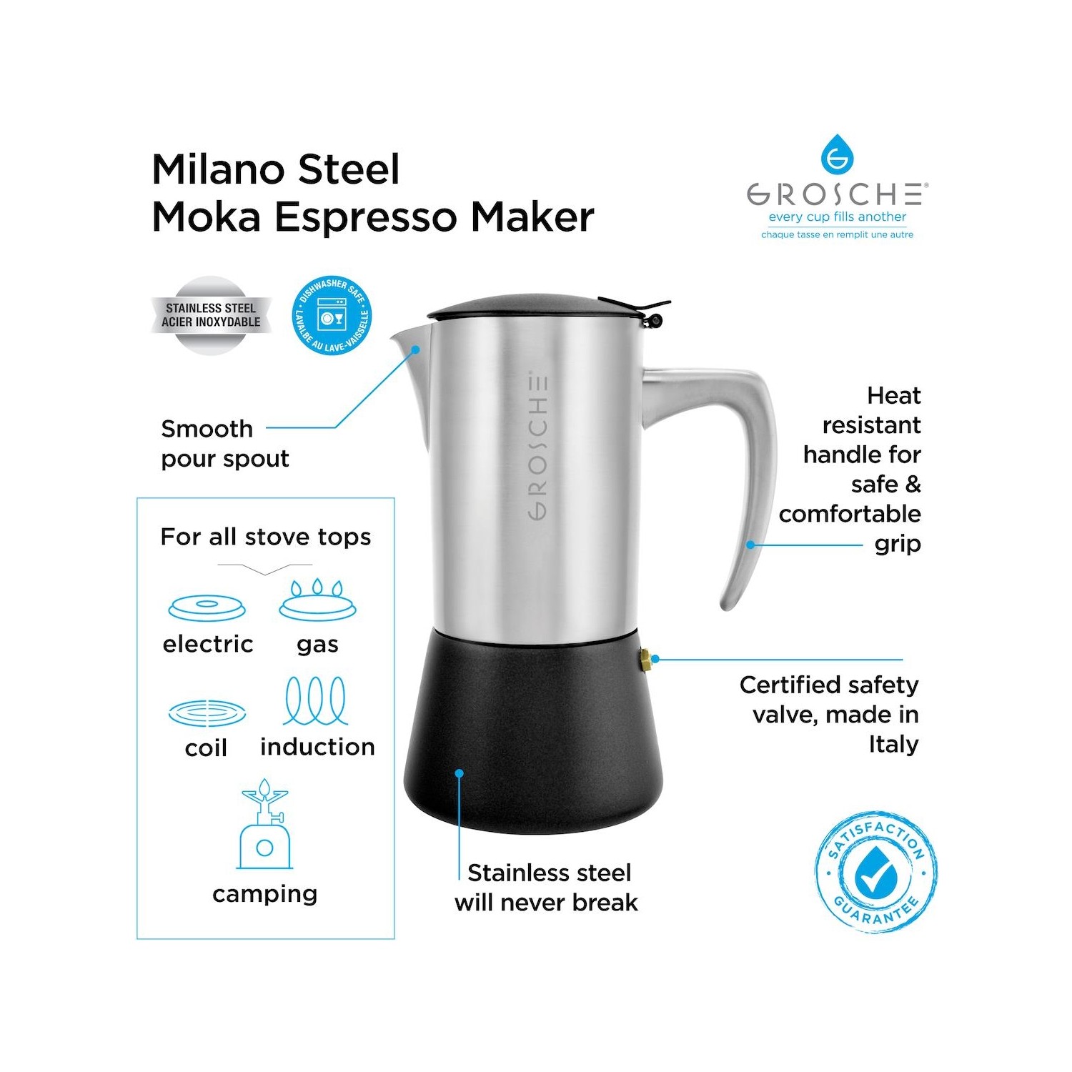 Grosche Milano Çelik Moka Pot Gümüş 6 Cup 275 ml Fiyatı