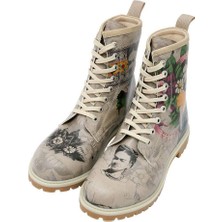 Kadın Vegan Deri Gri Uzun Bot - A Flower From The Past Frida Kahlo Tasarım