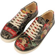 Kadın Vegan Deri Siyah Sneakers - Te Amo Frida Kahlo Tasarım