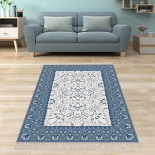 Bona Fortuna Işleme Desenli Çiçekli Çerçeveli Dijital Baskı Yıkanabilir Kaymaz Taban Salon Halısı ve Yolluk(Mavi)