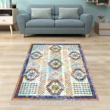 Bona Fortuna Geometrik Desenli Karo Motif Dijital Baskı Yıkanabilir Kaymaz Taban Etnik Mavi Salon Halısı
