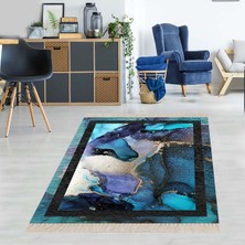 Bona Fortuna Okyanus Esintili Siyah Çerçeve Dijital Baskı Yıkanabilir Kaymaz Taban Leke Tutmaz Modern Salon Halı