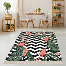 Bona Fortuna Yeşil Tropikal Yaprak Flamingo Desen Çerçeveli Dijital Baskı Yıkanabilir Kaymaz Taban Salon Halı