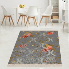 Bona Fortuna Kırmızı Gül Desenli Yapraklı Dijital Baskı Yıkanabilir Kaymaz Taban Güllü Salon Halı ve Yolluk