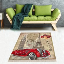 Bona Fortuna Paris Eyfel Kulesi Arabalı Dijital Baskı Yıkanabilir Kaymaz Taban Vintage Salon Halısı ve Yolluk