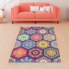 Bona Fortuna Mandala Desenli Çiçekli Dijital Baskı Yıkanabilir Kaymaz Taban Etnik Salon Halısı ve Yolluk 