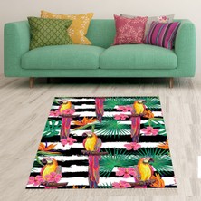 Bona Fortuna Tropikal Yaprak Papağan Desenli Dijital Baskı Yıkanabilir Kaymaz Taban Leke Tutmaz Salon Halısı