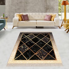 Bona Fortuna Gold Şeritli Geometrik Desenli Karo Motif Dijital Baskı Yıkanabilir Kaymaz Taban Modern Salon Halısı