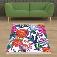 Bona Fortuna Çiçek Desenli Çiçekli Yapraklı Dijital Baskı Yıkanabilir Kaymaz Taban Modern Salon ve Hol Halısı