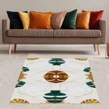 Bona Fortuna Gold Şeritli Geometrik Desenli Yapraklı Dijital Baskı Yıkanabilir Kaymaz Taban Modern Salon Halısı