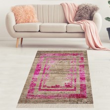 Bona Fortuna Eskitme Model Fuşya Çerçeveli Dijital Baskı Yıkanabilir Kaymaz Taban Salon Halısı ve Yolluk