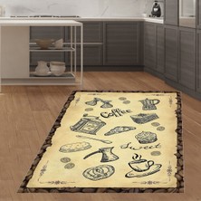 Bona Fortuna Kitchen Kahve Fincan Coffe Dijital Baskı Yıkanabilir Kaymaz Taban Leke Tutmaz Mutfak Halısı