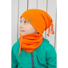 Babygiz Erkek Bebek Çocuk Turuncu Ip Detaylı Şapka Bere Boyunluk Takım Rahat %100 Pamuklu Kaşkorse
