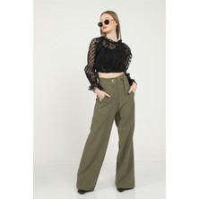 Elbee Fashion Women Yüksek Bel Palazzo Kadın Pantolon - Haki