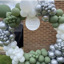 Trend Hediye Sepeti Krom Gümüş Pastel Küf Yeşili Beyaz Balon 100 Adet ve 5 M Balon Zinciri