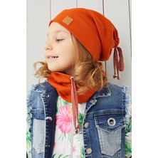 Babygiz Kız Bebek Çocuk Kiremit Ip Detaylı Şapka Bere Boyunluk Takım Rahat %100 Pamuklu Kaşkorse