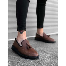 Xon1 005 Bağcıksız Yüksek Taban Klasik Taba Siyah Taban Püsküllü Erkek Ayakkabı