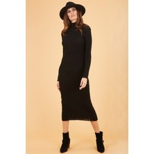 Kasheha Kadın Siyah Balıkçı Yaka Likralı Uzun Kollu Fitilli Uzun Triko Elbise - KAD3325537