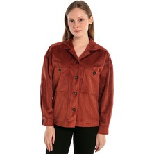 Disentis Modest Göğüsten Çift Cepli Robalı Fitilli Kadife Kısa Kiremit Kadın Gömlek