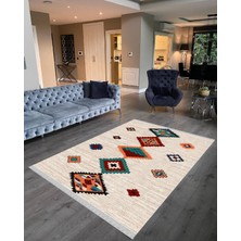 Nar Store Home Decoser 2044 Krem Otantik Şönil Desen Pamuk Tabanlı Kaymaz Yıkanabilir Halı Kilim