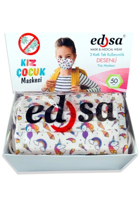 Edsa 3-14 Yaş Kız Çocuk 10 Desen 50 Adet 3 Katlı Meltblownlu Telli Tek Kullanımlık Maske