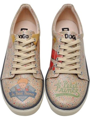 Kadın Vegan Deri Bej Sneakers - Be Unique Le Petit Prince Tasarım