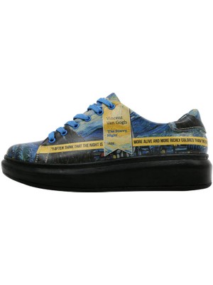 Kadın Vegan Deri Lacivert Sneakers - Vincent van Gogh The Starry Night Muse Tasarım