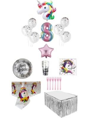 Dipak Unicorn Temalı 8 Yaş Doğum Günü Seti 16 Kişilik