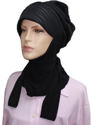 Eflin Kadın Tesettür Giyim Boyunluklu Kasketli Şapka Bone Siyah Zebra Desenli