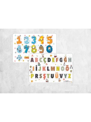 Walldeco 2'li Set Harfler ve Rakamlar Bul-Tak Eğitici Ahşap Çocuk Puzzle