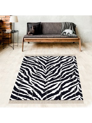 Bona Fortuna Zebra Zeminli Patchwork Desenli Dijital Baskı Yıkanabilir Kaymaz Taban Modern Salon ve Hol Halısı