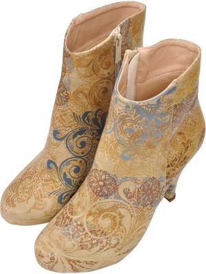 Kadın Vegan Deri Bej Bootie - Floral Yellow Tasarım