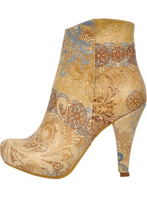 Kadın Vegan Deri Bej Bootie - Floral Yellow Tasarım