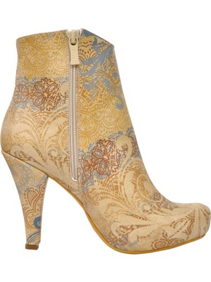 Kadın Vegan Deri Bej Bootie - Floral Yellow Tasarım