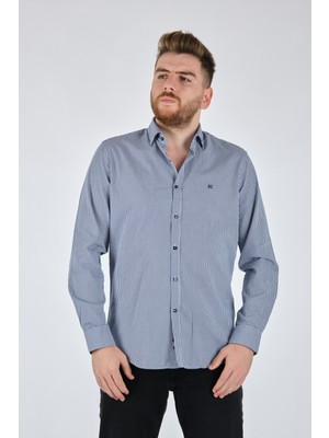 Ecer Düz Yaka Ekose Uzun Kol Lacivert Erkek Gömlek 50982121