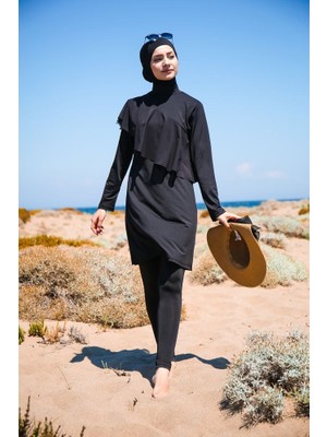Marina Önü Fırfır Detaylı Tasarım Tam Kapalı Tesettür Mayo 4'lü Set Marina Mayo M2034 Siyah