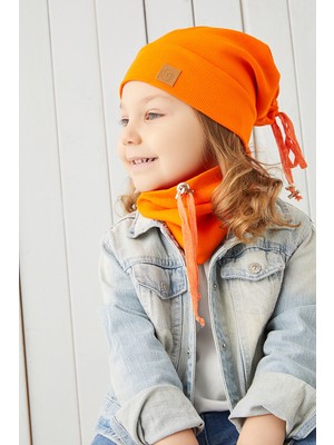 Babygiz Kız Bebek Çocuk Turuncu Ipli Şapka Bere Boyunluk Takım Rahat %100 Pamuklu Kaşkorse Yerli Üretim