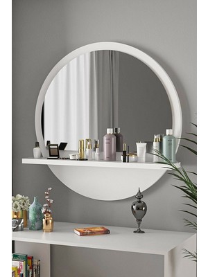 Nysamo Yuvarlak Beyaz Raflı 58CM Koridor Dresuar Konsol Duvar Salon Banyo Ofis Çocuk Yatak Oda Raflı Ayna 58 Raflı