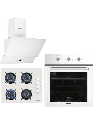 Kumtel Beyaz Cam Ankastre Set (DA6-830 Beyaz Davlumbaz + KO-40TAHDF Ankastre Beyaz Ocak + B66 - S2 (Mt) 3 Pro 3 Düğme(Plus) Cam Tel Raf Beyaz)