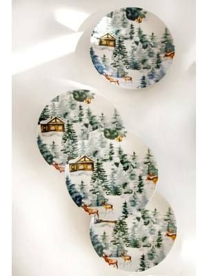 Bursa Porselen Dekor Yeni Yıl Serisi Winter 4 Parça Pasta Tabağı