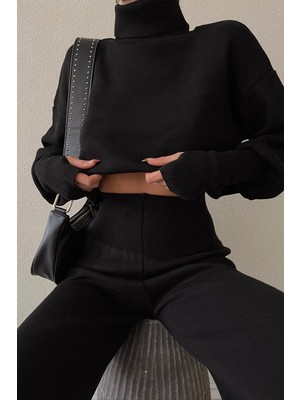 Ciqulata Triko Crop Pantolon Takım Siyah